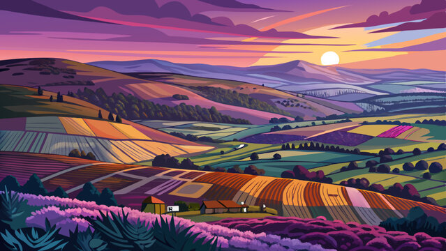 Panorama at Twilight over Rothbury Heather, on the terraces, which walk offers views over the Coquet Valley to the Simonside and Cheviot Hills, heather covers the hillside in 
