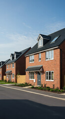 Obraz premium Modern Brick Homes: Suburban Street Scene, Blue Sky, New Construction, Residential Architecture, Family Houses, Real Estate