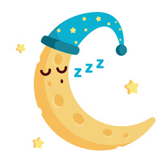 A sleeping cartoon crescent moon in a nightcap
