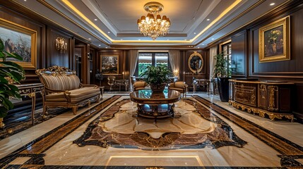 Obraz premium Luxurious Living Room Interior Design with Classic Furniture and Marble Flooring