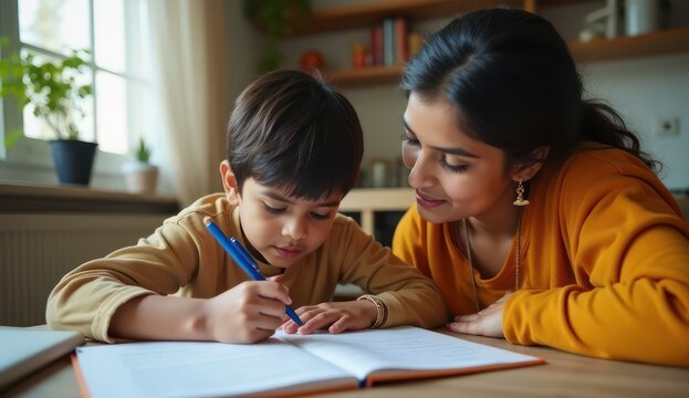 indian mom helping her son with online homeschooling