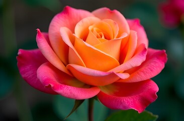 Pink with yellow color rose in garden close up.