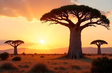 Baobabs and sunset in African savanna.  Copy space. 