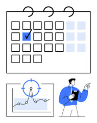 Marked calendar day, manager pointing at goals, trend graph, analytics tools. Ideal for planning, scheduling, goals, organization productivity strategy analysis. Abstract line flat metaphor