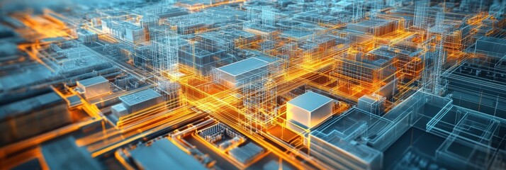 Fototapeta premium A futuristic cityscape illuminated with glowing lines, suggesting advanced technology and connectivity, viewed from above.