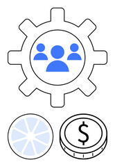 Gear with blue people icon inside, citrus wheel and dollar coin below. Ideal for teamwork, process integration, innovation, growth, economics, project management, abstract line flat metaphor
