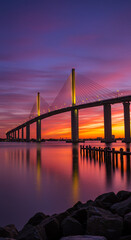 Fototapeta premium Bridge at Sunset: A Vibrant Skyline, Water Reflections, & Coastal Rocks