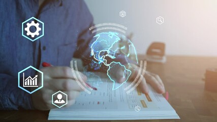 Animation of digital icons, globe and data processing over biracial businessman in office. Global finance, business, connections, computing and data processing concept digitally generated video. 4K. - Powered by Adobe