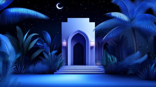 Ramadan Kareem greeting with an Islamic lantern near a mosque set against a night sky with a crescent moon and stars Celebrating the end of fasting and Eid alFitr decoration Breaking of