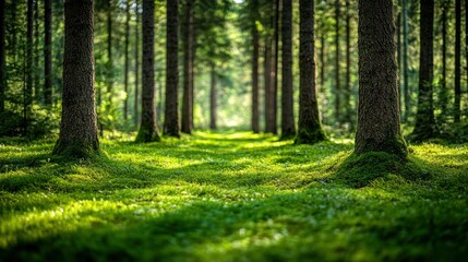 Obraz premium Sunlit forest path, mossy ground, trees, nature, background blur, serenity, wallpaper