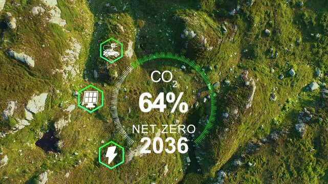 Net zero, carbon neutral concept. Net zero greenhouse gas emissions target. Green forest landscape. Long term strategy with net zero icon and poligonal icons on green forest background. 4k footage