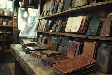 Vintage leather books and journals displayed on wooden shelves