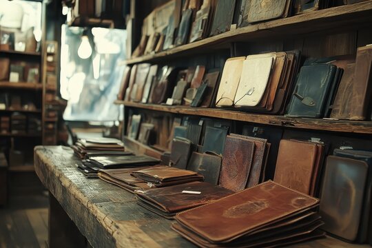 Vintage leather books and journals displayed on wooden shelves