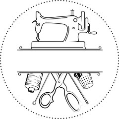 Symbol for sewing and cutting salon, sewing machine and needle with thread