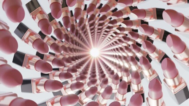 Loop 3d animated tunnel of rotating pink lipsticks creating a hypnotic visual effect. Perfect for beauty industry advertisements, fashion promotions, makeup tutorials and glamorous branding campaigns.