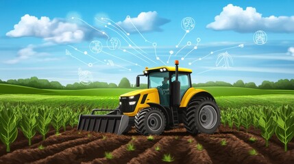 Fototapeta premium Modern tractor working in a lush green field, showcasing agricultural technology advancements
