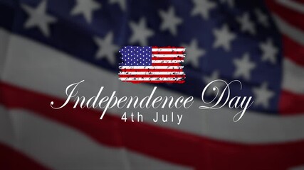 Happy 4th of July greeting animation 2024, lettering text with waving USA flag background and fireworks splash, Happy Independence Day united states of america concept, for banner, feed, stories 4K.