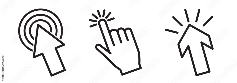 Aufkleber cursor icons set in hand, arrow forms, mouse click cursor set, arrow and hand pointer