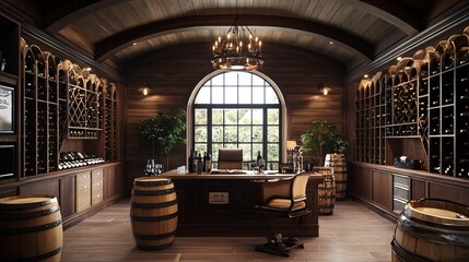 Fototapeta premium Luxurious Home Wine Cellar with Office and Arched Window