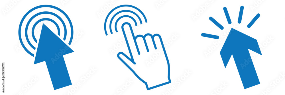 Poster set of mouse click cursor arrow icons, hand cursor and loading icons. vector illustration