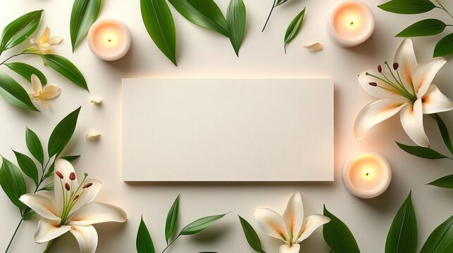 Blank white card surrounded by white lilies, green leaves, and burning candles on a white background. - Powered by Adobe