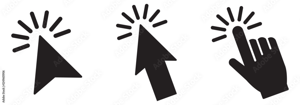 Poster set of mouse click cursor arrow icons, hand cursor and loading icons. vector illustration