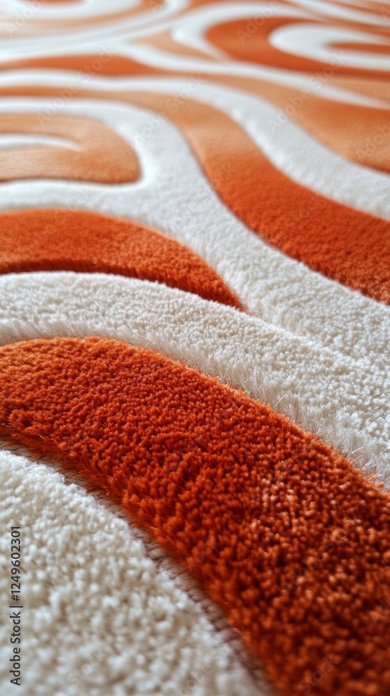 Poster close-up view showcases a beautifully designed rug with orange and cream swirling lines reminiscent 