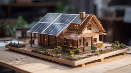 Naklejka premium A sustainable home construction site with eco-friendly materials, blueprints, and a solar panel displayed on a wooden table