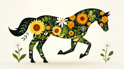 Obraz premium A photo of a horse adorned with sunflowers and daisies against a pure white backdrop
