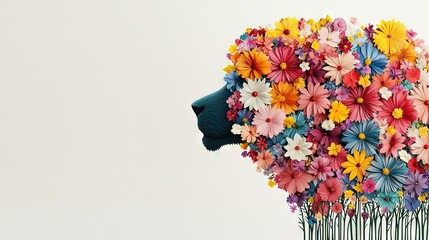   A woman's head sculpted from flowers and a hair comb resembling a woman's head