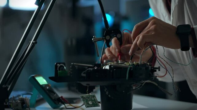 A person meticulously works on assembling a circuit board in a high-tech lab. The atmosphere is focused on electronics, showcasing advanced tools and components used in innovation