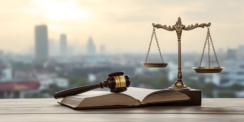 Judicial gavel, book and scales of justice on the background of an urban landscape.