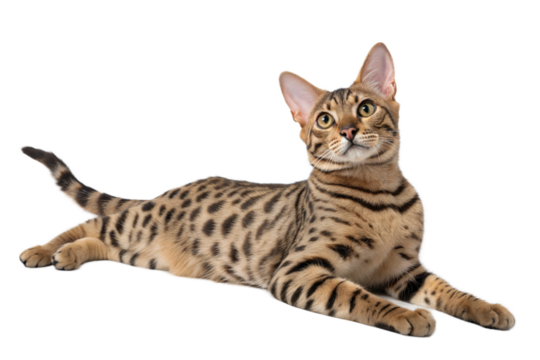 Adult Ocicat Cat Luing at White Background. Ocicat Cat Portrait isolated on white