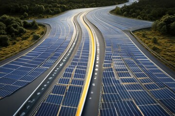 Innovative solar panel installation along a winding road surrounded by greenery