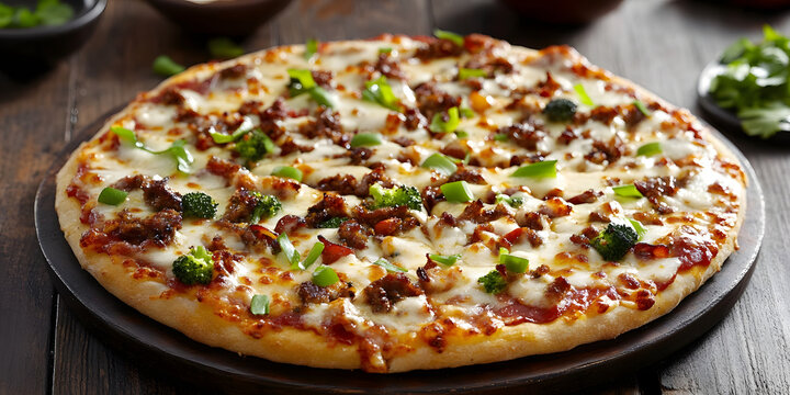 Delicious pizza food imagery, mouthwatering cheesy pizza, colorful cooked pizza, tasty pizza meal image, appetizing pizza photo