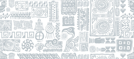 Mexican ornaments hand drawn abstract seamless pattern. Ethnic posters seamless pattern. Ethnic background, simple style great for textiles, wallpapers, wrapping vector. Grey Ancient Aztec sign.