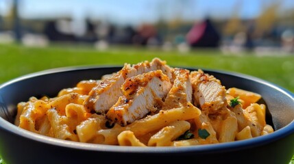 Buffalo Garlic Parmesan Chicken Pasta in urban kitchen setting