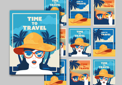 Blue And Orange Summer Vacation Poster Travel Illustration Template