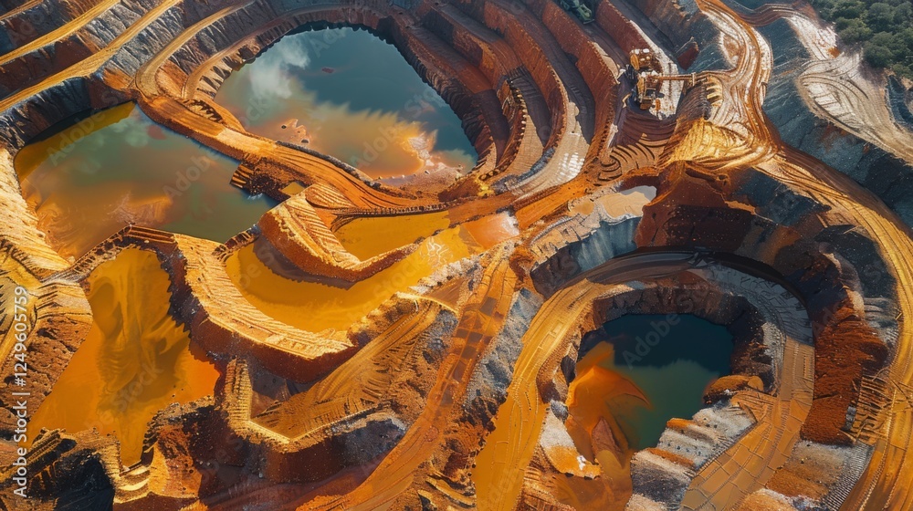 Poster Aerial view reveals the complex structure of an open pit mining operation with deep, colorful pits and pools of water reflecting various hues, illustrating the extraction process.