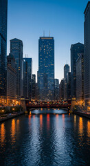 Fototapeta premium Chicago River at Dusk: Urban Skyline Reflections & Dramatic Bridge View | Illinois Cityscape Photography