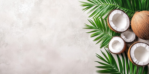 Fresh open coconuts with palm leaves on blue backgriund