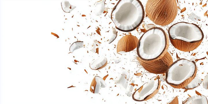 Exploding falling coconut isolated on white background