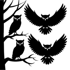 Owl Silhouette Collection – Perched and Flying Nocturnal Birds