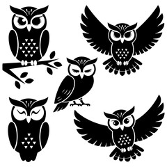 Owl Silhouette Set – Majestic Nocturnal Birds in Flight and Perched