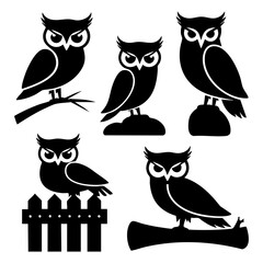 Owl Silhouette Collection – Nocturnal Bird of Prey in Various Poses