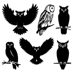 Owl Silhouette Set – Majestic Nocturnal Birds in Various Poses