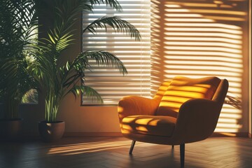 Fototapeta premium Cozy living room with a sunlit chair and plants creating a warm atmosphere