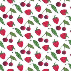 Hand-Drawn Strawberry Cherry Seamless Fruit Pattern