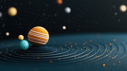   A cluster of celestial bodies suspended above a tranquil sea with undulating waves and radiant constellations overhead