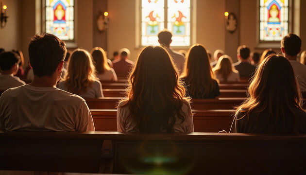 Believers sitting on pews in a traditional church, bowing their heads in prayer, with soft light streaming through stained-glass windows, enhancing the sacred atmosphere and emphasizing unity and devo
